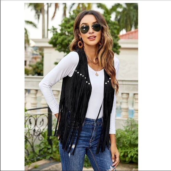 WOMEN'S TASSEL VEST FAUX SUEDE RIVETS - Picture 1 of 8